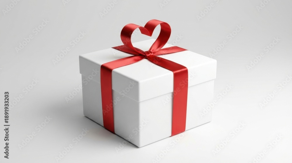 Obraz premium White gift box with red heart shape ribbon bow. Romantic present for Valentines Day, anniversary, birthday, or Mothers Day. Love concept illustration.