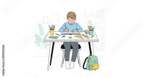 Young Boy Sitting at Desk Studying.