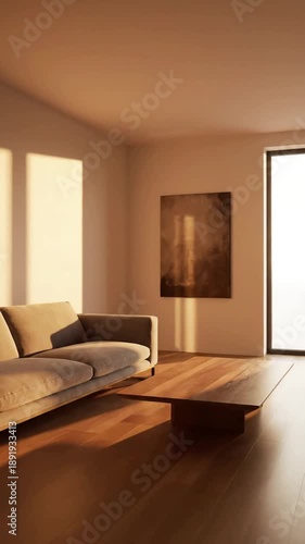 Minimalist Home Interior Focus on clean lines and modern design bathed in natural light.