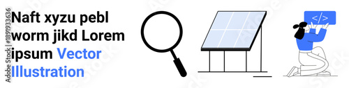 Renewable energy, coding education, research tools, technology, innovation, clean energy. Contains a solar panel, a magnifying glass and a person coding. Renewable energy and coding education