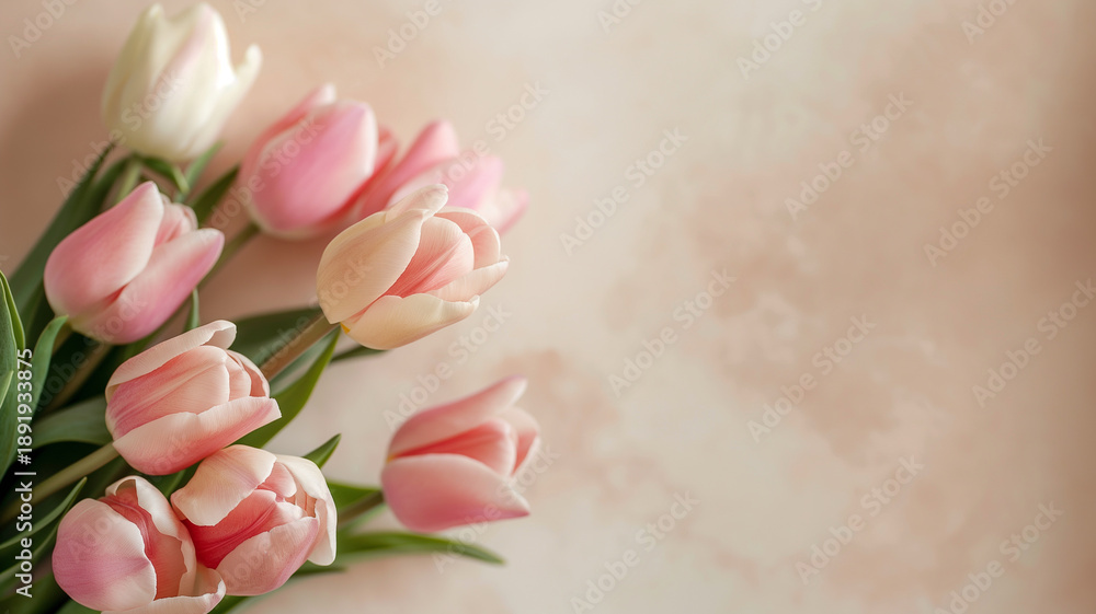 Fototapeta premium Kartka z życzeniami na międzynarodowy dzień kobiet. Kobieta i tulipany.