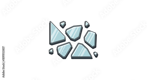 Illustration of shattered glass fragments and debris scattered around a central point from a direct viewpoint