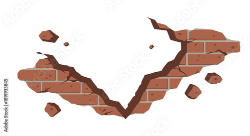 Breaking brick wall illustration with shattered fragments and debris scattered around in a dynamic, chaotic scene viewed from a frontal perspective.