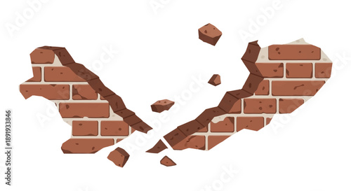 Damaged brick wall with broken fragments and debris scattered around, viewed from a straight-on perspective