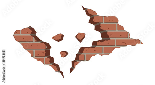 A broken brick wall forming a heart shape, symbolizing love and destruction, viewed from the front