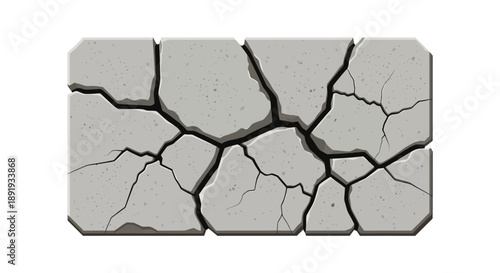 Cracked concrete slab with fractured surface viewed from directly above in a graphic illustration