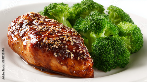 白いお皿に盛り付けられた甘辛いタレと胡麻が香ばしい照り焼きチキンと茹でたてブロッコリーのヘルシーな一皿