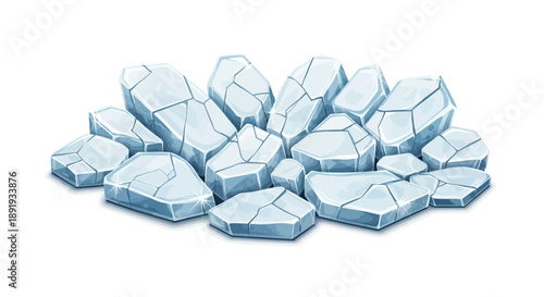 A collection of fractured ice fragments arranged in a scattered pattern on a plain surface viewed from directly above