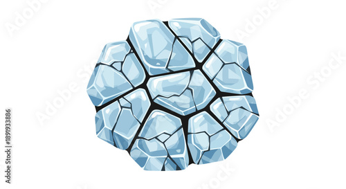 A cracked ice sphere illustration viewed from directly above, showcasing a frozen, fragmented, icy, crystal, geometric shape