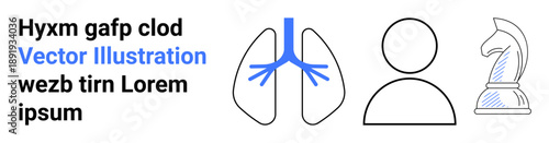 Medicine, strategy planning, education, healthcare, anatomy, minimalism. Lungs diagram with human figure and chess knight symbol alongside abstract text. Medicine and strategy planning concept