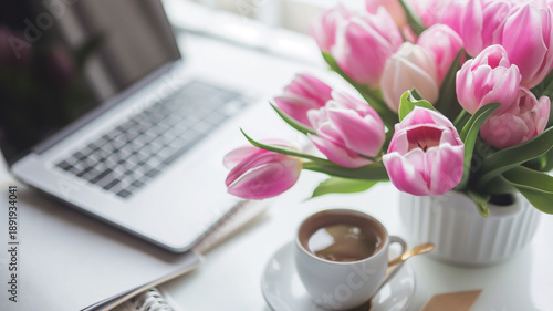 Kartka z życzeniami na międzynarodowy dzień kobiet. Kobieta i tulipany. © Paweł Ziółkowski