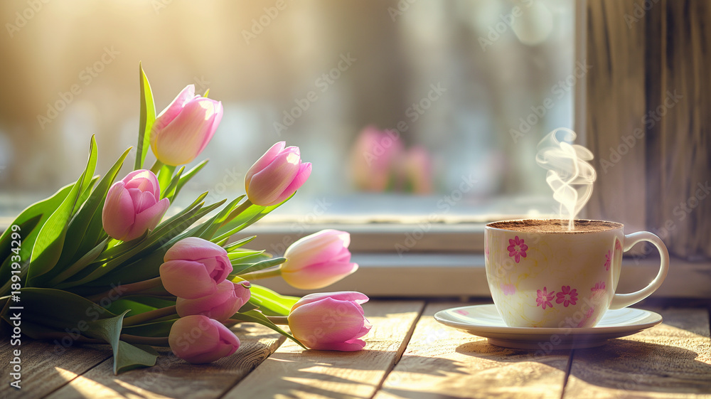 Fototapeta premium Kartka z życzeniami na międzynarodowy dzień kobiet. Kobieta i tulipany.