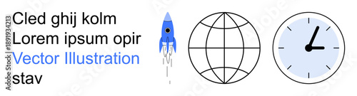 Time management, global connectivity, innovation, progress, technology, education. A rocket, globe and clock in minimal design. Global connectivity and innovation concept