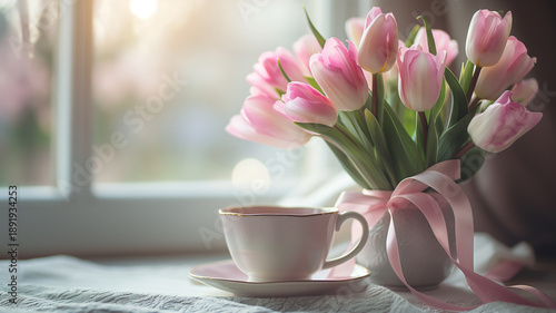Kartka z życzeniami na międzynarodowy dzień kobiet. Kobieta i tulipany.