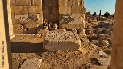 Ancient archaeological ruins of the Temple of Zeus Baalbek Lebanon with historical carvings and mosaics at sunrise