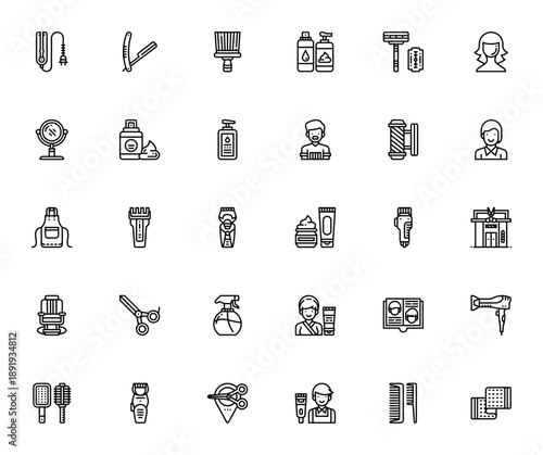 Barber shop icon set. Barber vector tools collection. Includes razor, clipper, scissors, mirror, apron, hair dryer, pole and more. Editable thin line icons.