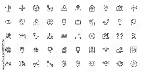 Location icon set. Vector navigation symbols collection. Includes arrows, map pointers, GPS, compass, routes, directions, globes and more. Editable thin line icons.