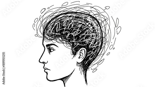 Human head with tangled lines representing complex thoughts and mental health issues.