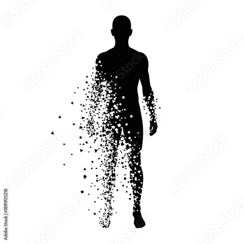 Human Silhouette Disintegrating into Particles on White Background.