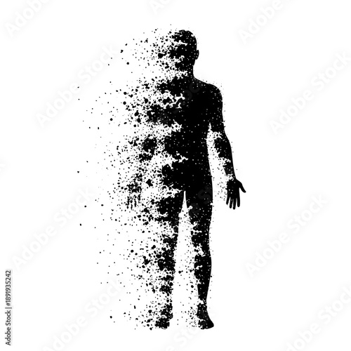 Human silhouette dissolving into particles representing fragility and impermanence.