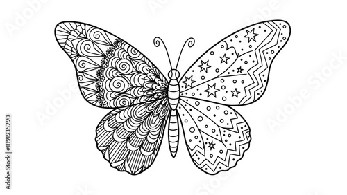 Intricate Zen Doodle Butterfly Coloring Page for Adults.