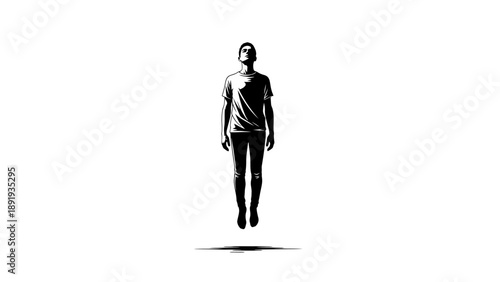 Man floating in air looking up in black and white.