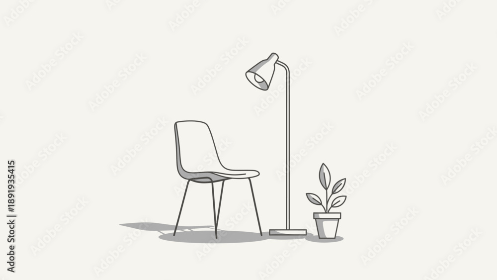Fototapeta premium Minimalist line art of a modern chair and floor lamp.