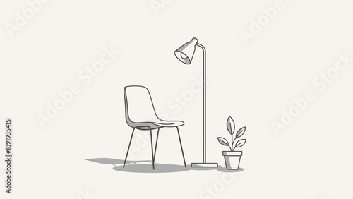 Minimalist line art of a modern chair and floor lamp.