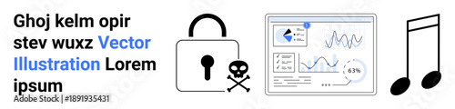 Cybersecurity, digital rights, intellectual property, analytics, data protection, risk warning. Lock, skull data visualization and music symbols. Cybersecurity and digital rights concept
