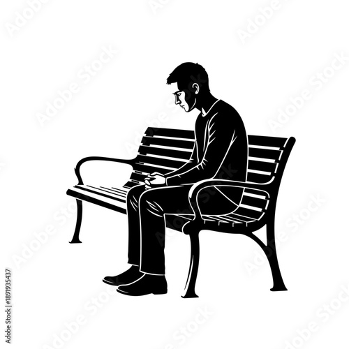 Monochromatic illustration of a man sitting alone on a park bench, looking down in contemplation.