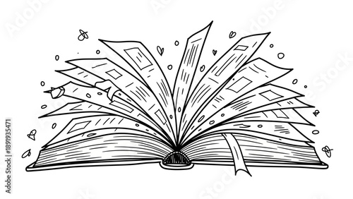 Open Book with Pages Flipping Hand Drawn Illustration.