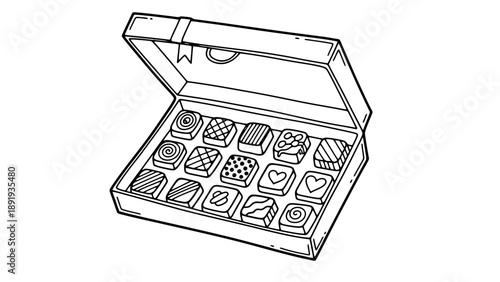 Open Box of Assorted Chocolates with Various Designs.