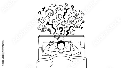 Person Lying In Bed With Many Question Marks Above Their Head.