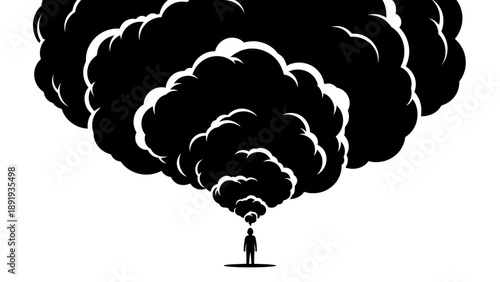 Person with large black smoke cloud above head representing stress.