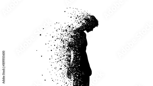 Silhouette of a person dissolving into particles against a white background.