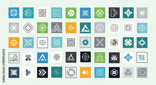 Diverse abstract geometric patterns on squares, perfect for logos, brand identity and graphic