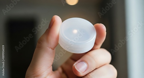 Hand holding a white plastic bottle cap, close-up shot, repurposing concepts