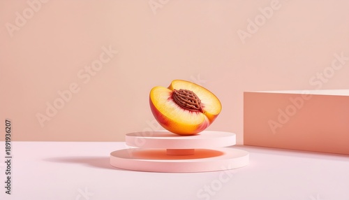 Fresh Peach Half on Pink Geometric Podiums with Minimalist Studio Background
