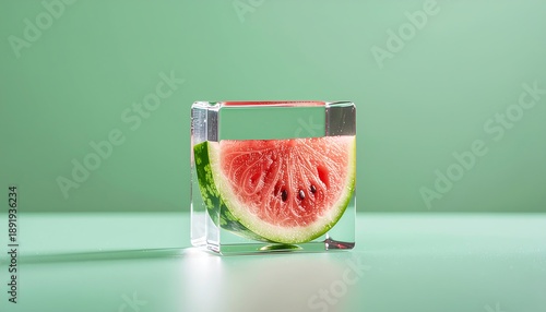 Refreshing Watermelon Slice Encased in Ice Block on Mint Green Background