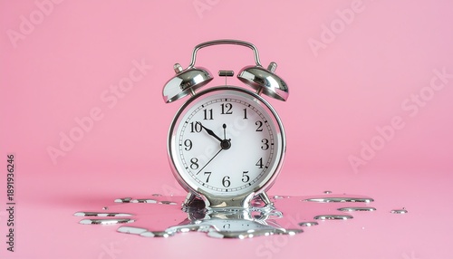 Melting Silver Alarm Clock on Pink Background - Conceptual Art of Time Pressure and Deadlines