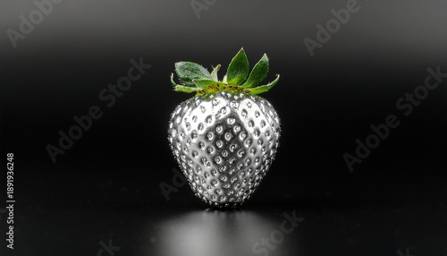 Striking Metallic Silver Strawberry with Vibrant Green Leaves Isolated on a Clean Black Background, Symbolizing Luxury and Innovation.