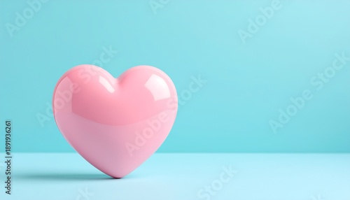 Minimalist Glossy Pink Heart on Blue Background. Valentine's Day, Love, Romance, Health, and Care Concept. Clean 3D Render.