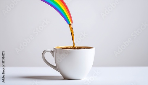 Rainbow Coffee Flow: Freshly Brewed Coffee Pours from a Vibrant Rainbow Arc into a Clean White Mug