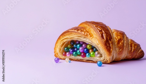 Golden Croissant with a Colorful Sweet Pearl Filling on a Soft Lavender Background