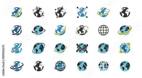 Collection of diverse and globally connected earth globe icons for various business uses