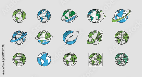 Diverse graphical globe icons, eco-friendly design set showcasing international connectivity and
