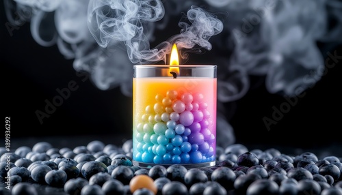 Vibrant Rainbow Bubble Candle with Flame, Smoke, and Blueberries on Dark Background