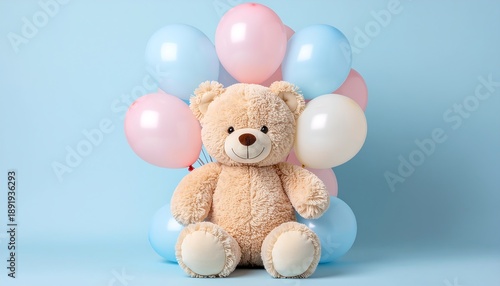 Smiling Teddy Bear with Pastel Pink, Blue, and White Balloons on a Light Blue Background