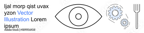 Vision, technology, mechanics, food industry, abstract concepts, innovation. Bold eye symbol, gears and fork outline. Vision and technology conceptualized with a blend of tools