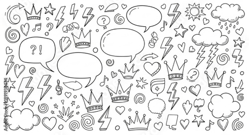 Doodle Crown Speech Bubbles Lightning Stars Line Art Illustration